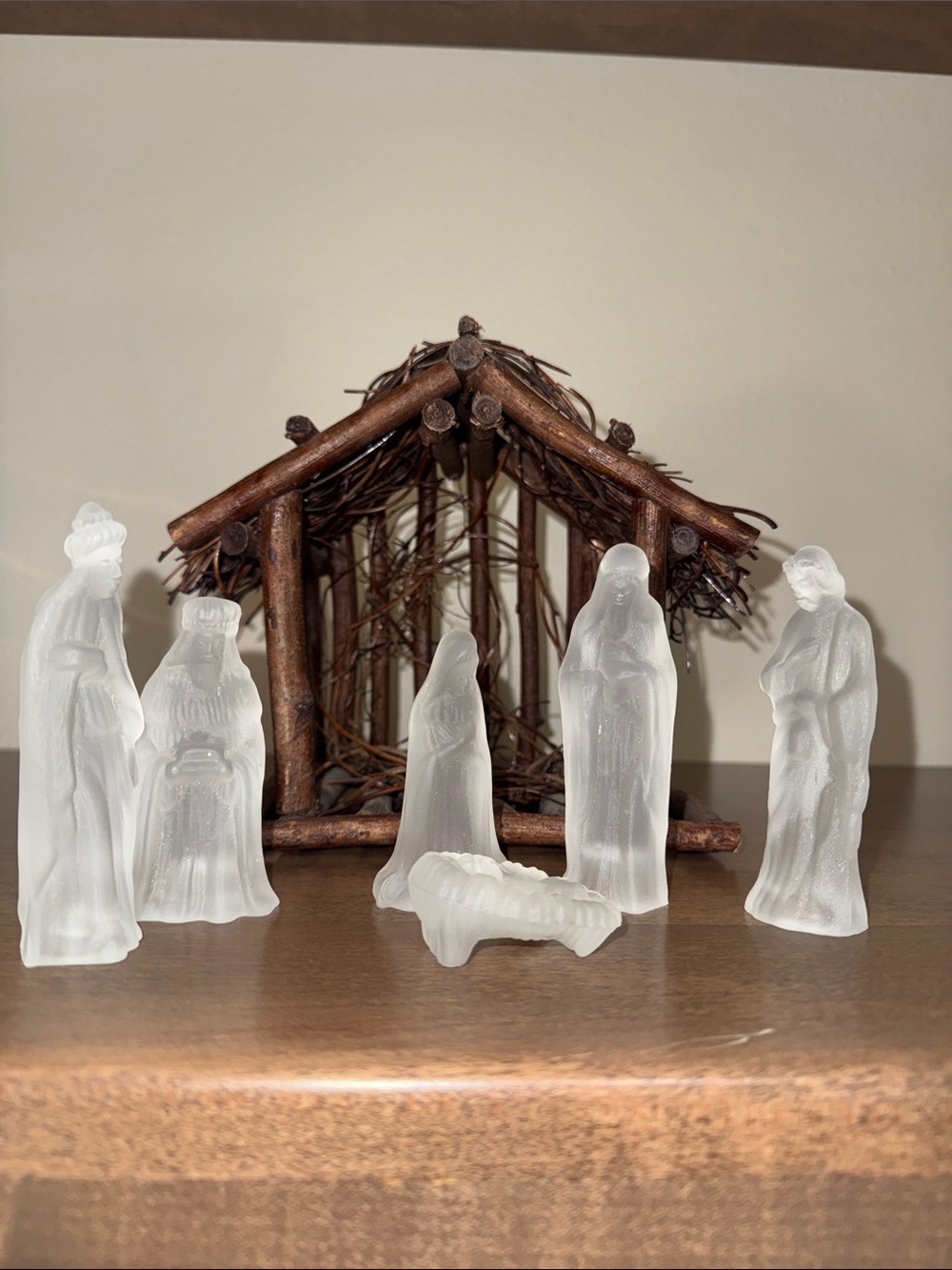 Frosted Glass Nativity Set with Rustic Wood Manger -